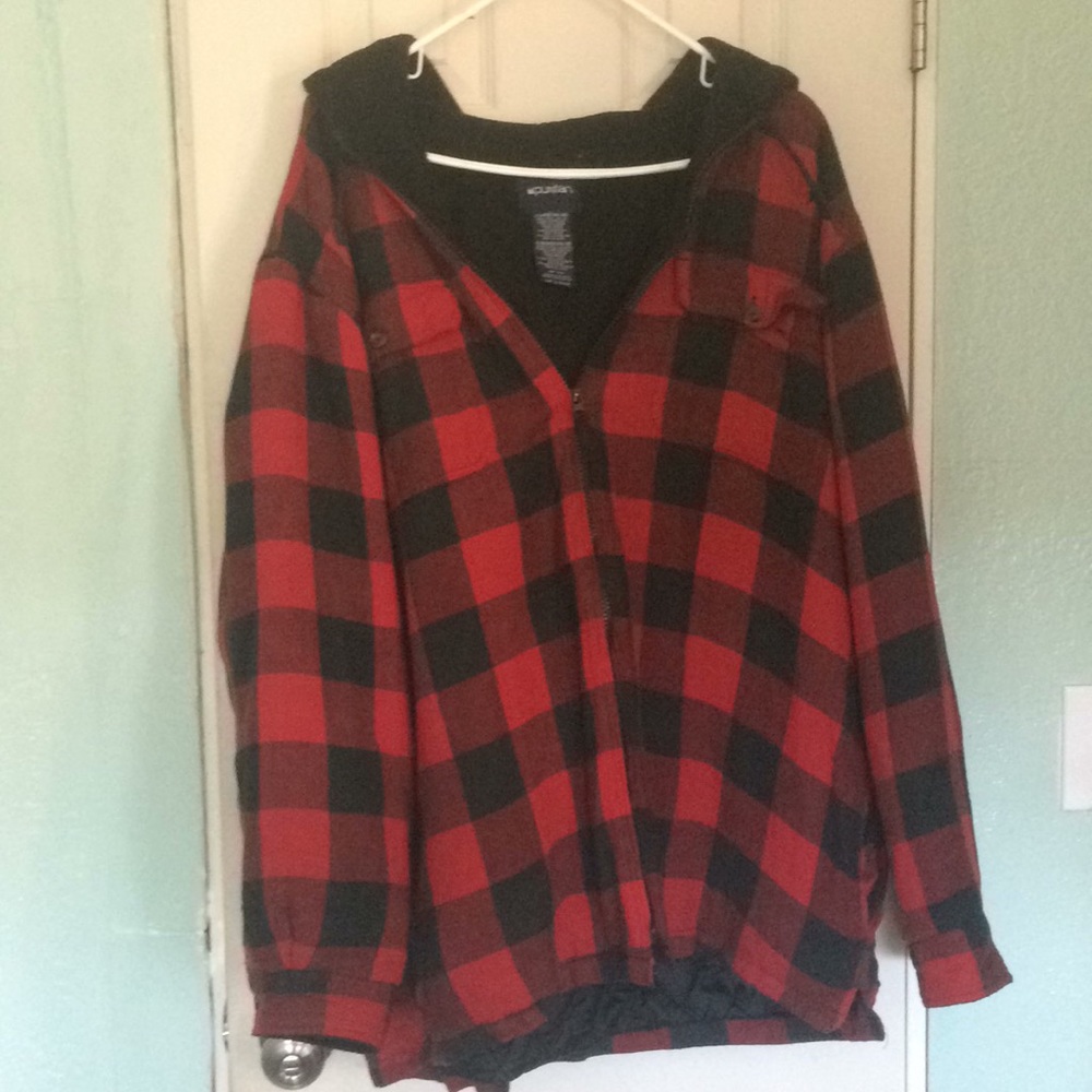 Hooded flannel jacket red and black plaid